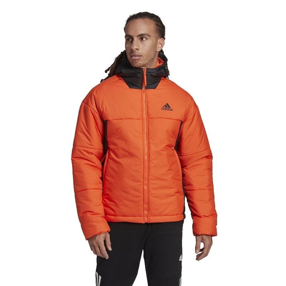 Adidas Men's Outdoor BSC 3-Stripes Puffy Hooded Jacket Orange Black Size 2XL